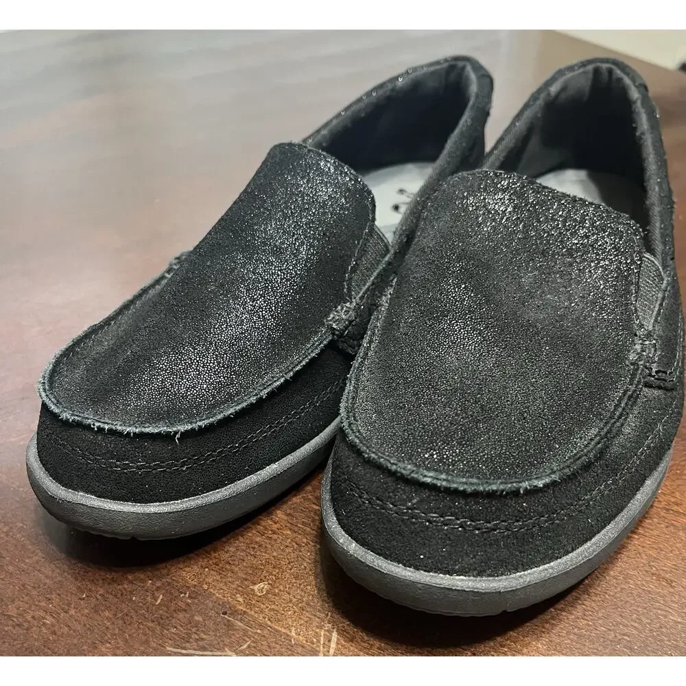 Womens Crocs Walu Black Shimmer Suede Loafers Size 8 Casual Slip On